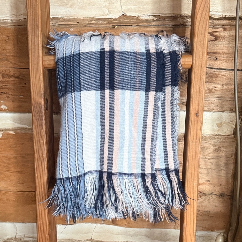 Plaid Fringe Scarf / Wrap / Blanket in Navy and Cream and peach